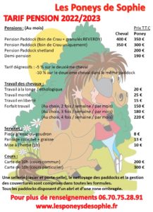 TARIF PENSION ET SERVICES LES PONEYS DE SOPHIE